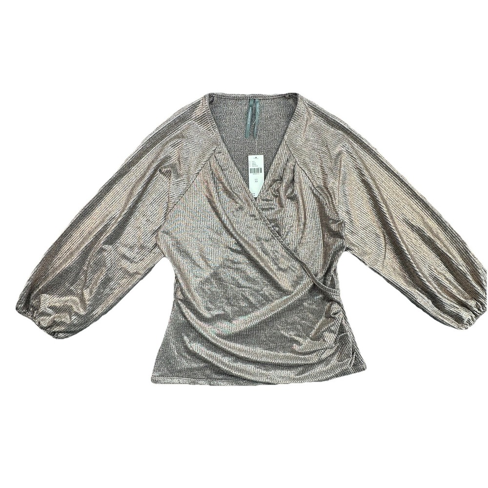 By Anthropologie Metallic Wrap Blouse XS Balloon Sleeve‎ Shimmer Top NWT